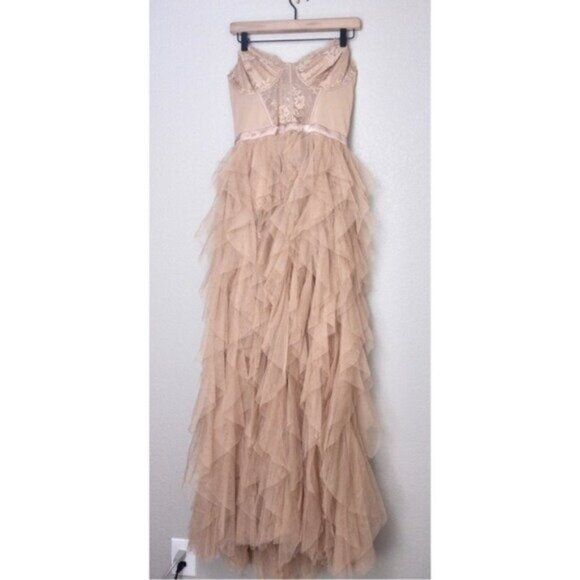 NWT For Love & Lemons x REVOLVE Bustier Gown XL Warm Taupe Ruffle Tulle Lace - Picture 4 of 14